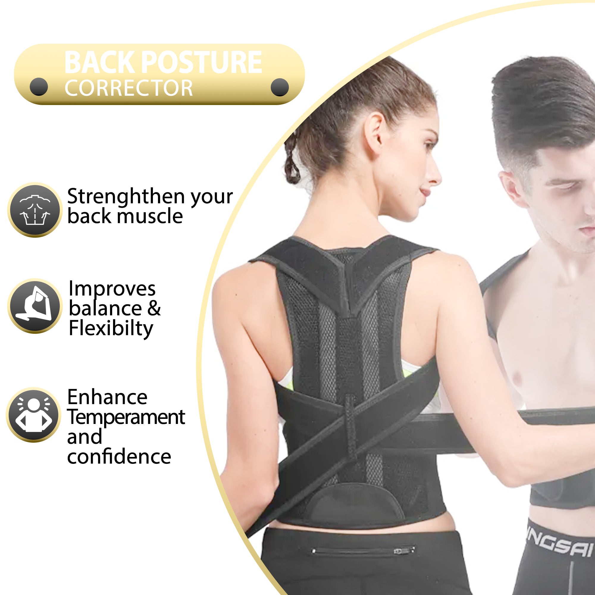 Person wearing a posture corrector with a clock indicating time passage.