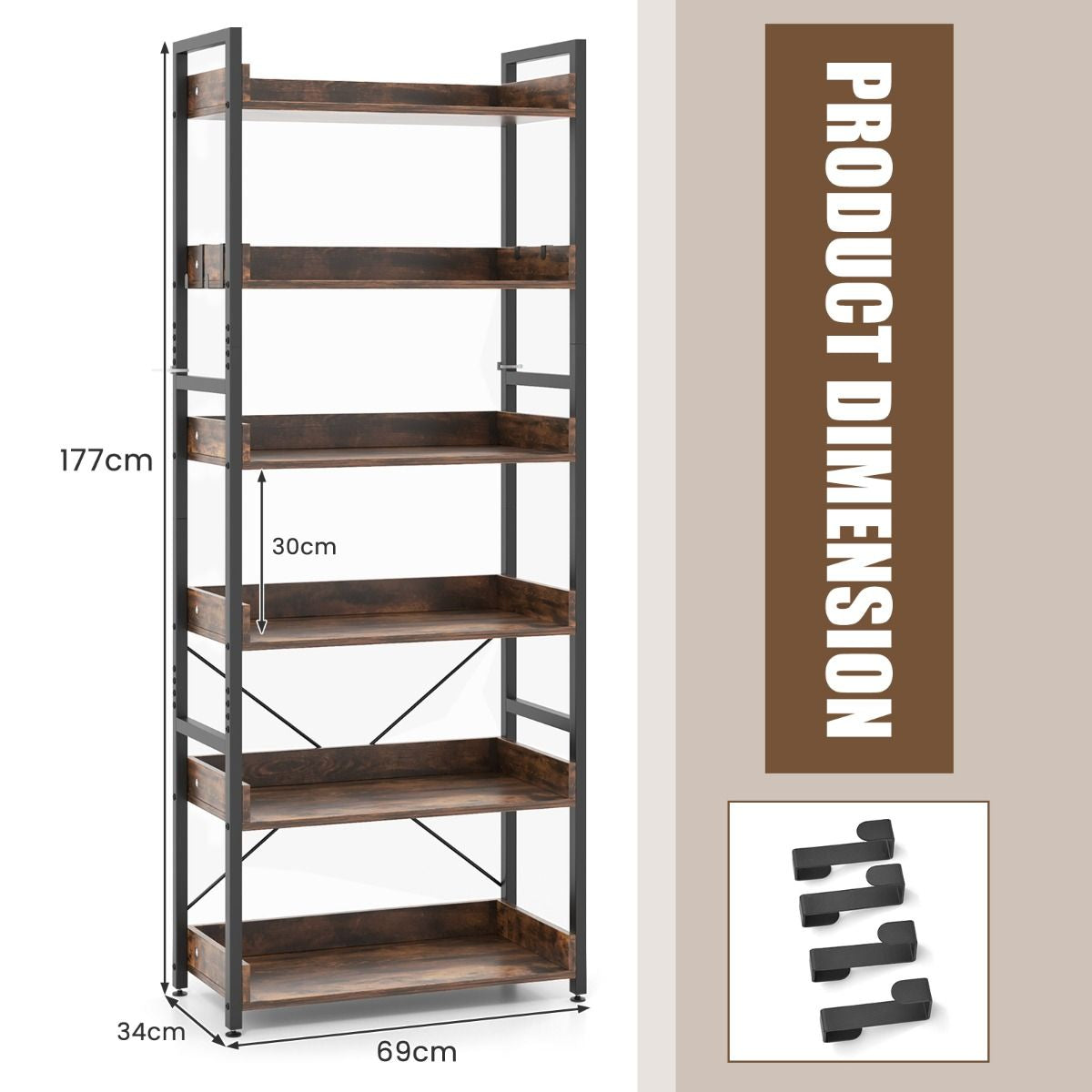 Tall 6-Tier Bookshelf with Open Shelves and 4 Hooks