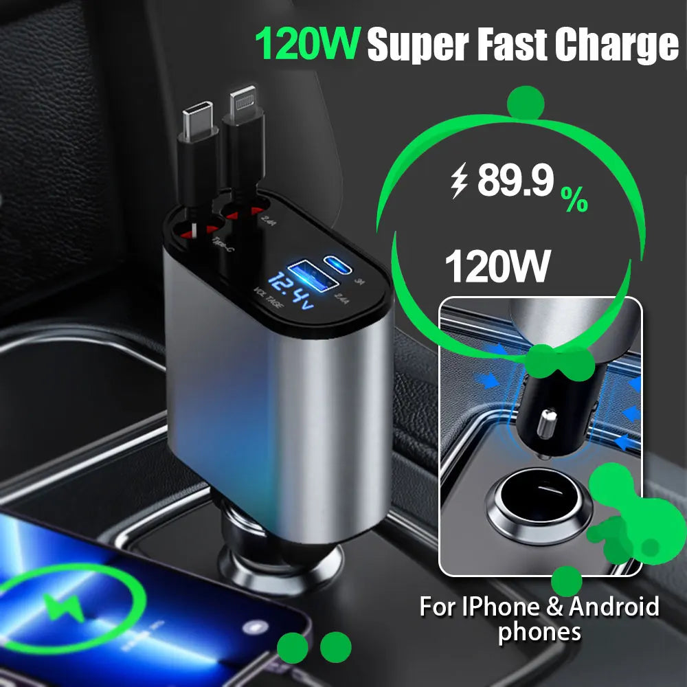 4 in 1 120W Retractable Phone Car Charger for Iphone 15 14 Fast Charger 2 Charging Cables with Voltage Display Type C for Huawei