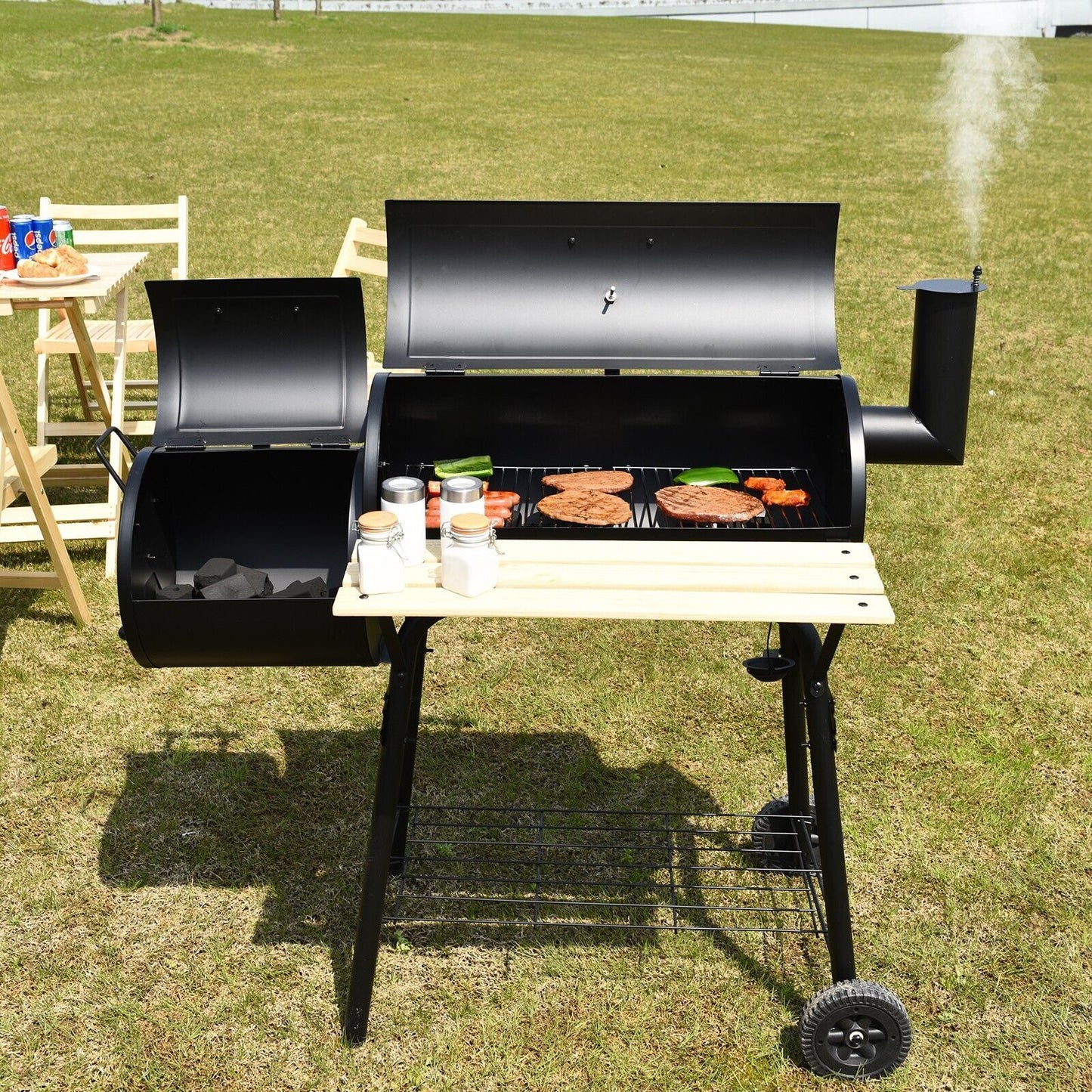 Charcoal BBQ Grill with Wheels and Shelves for Camping Picnic Party