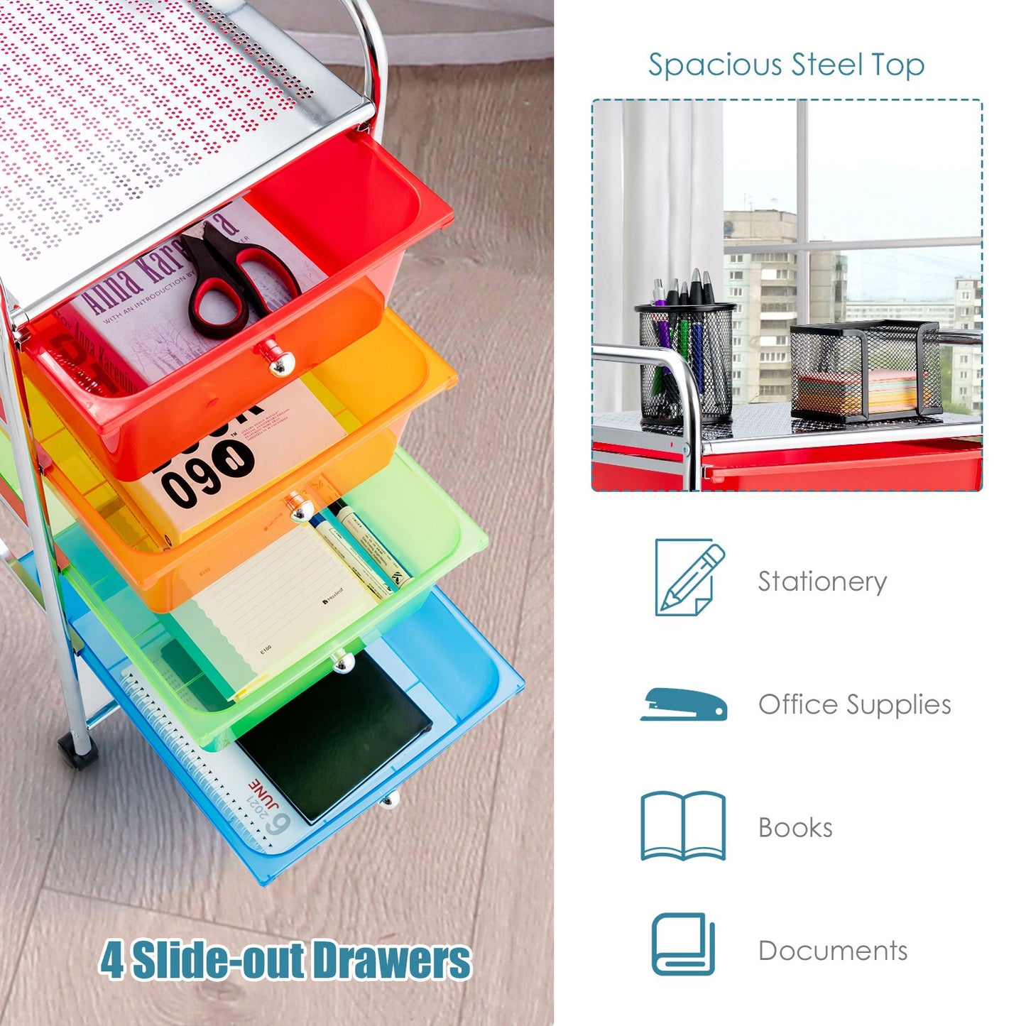 Mobile Storage Trolley on Wheels with 4 Removable Plastic Drawers