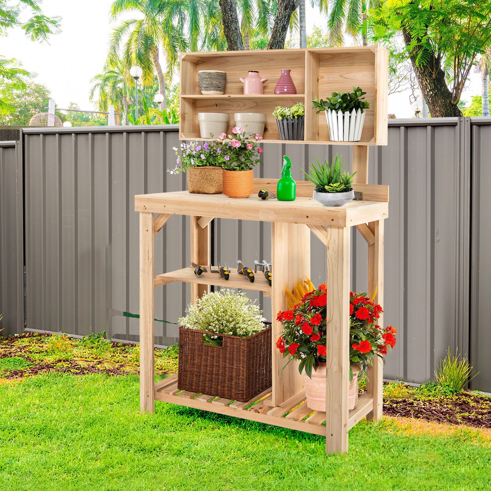 Garden Work Bench with Bottom Shelves and Top Compartments