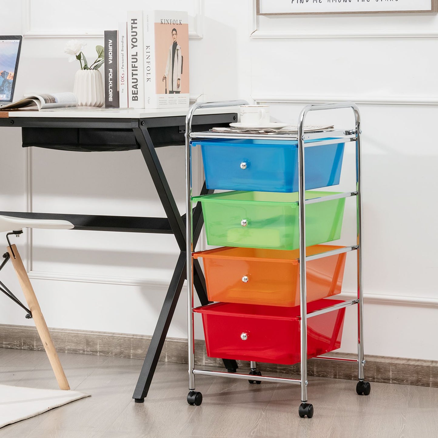 Mobile Storage Trolley on Wheels with 4 Removable Plastic Drawers