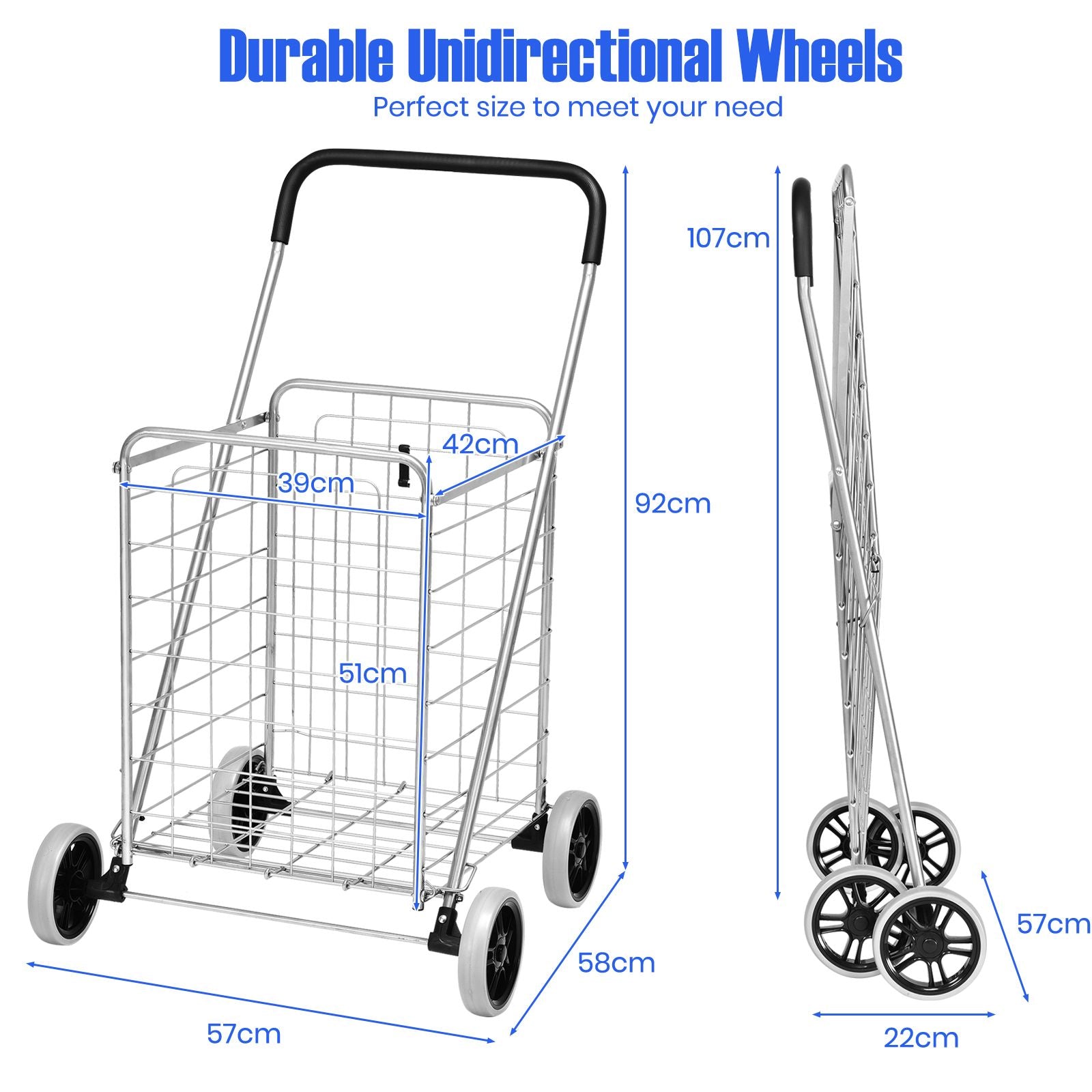 Heavy Duty Folding Shopping Cart with 83L Metal Basket