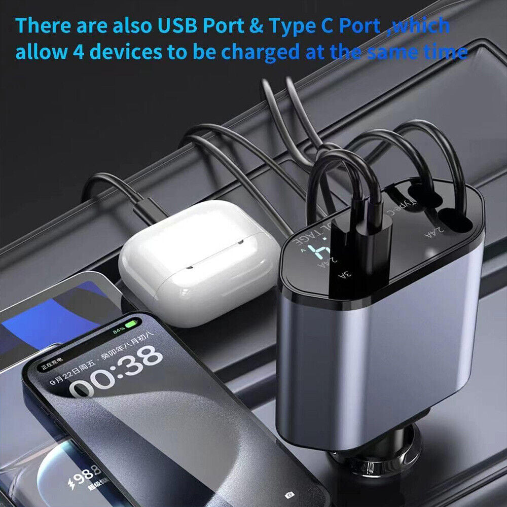 4IN1 120W Retractable Car Charger USB Type C Cable for Phone Fast Charge Adapter