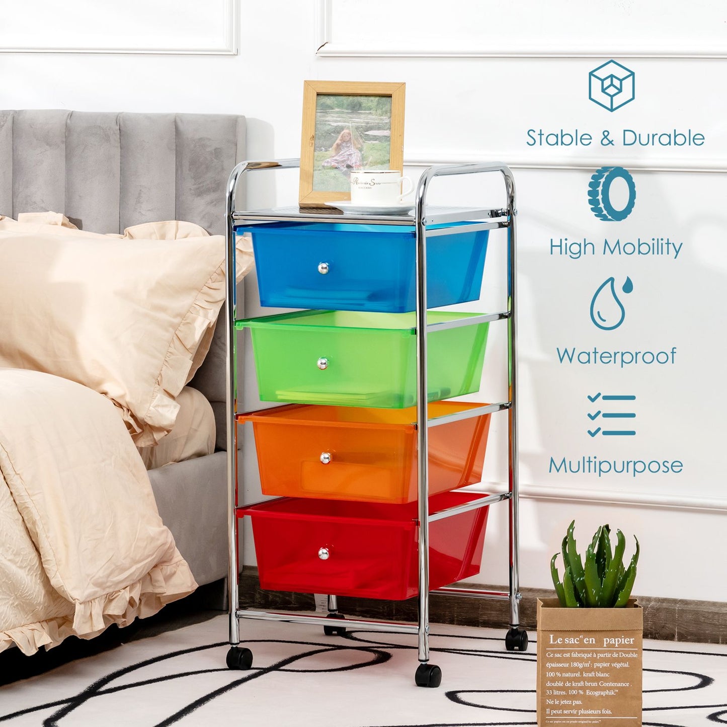 Mobile Storage Trolley on Wheels with 4 Removable Plastic Drawers