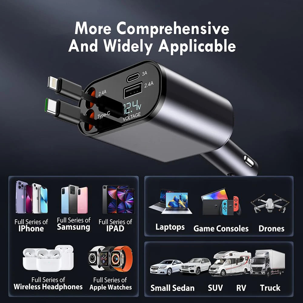 4 in 1 120W Retractable Phone Car Charger for Iphone 15 14 Fast Charger 2 Charging Cables with Voltage Display Type C for Huawei