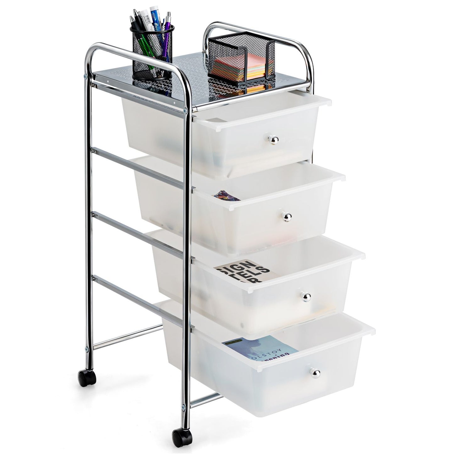 Mobile Storage Trolley on Wheels with 4 Removable Plastic Drawers