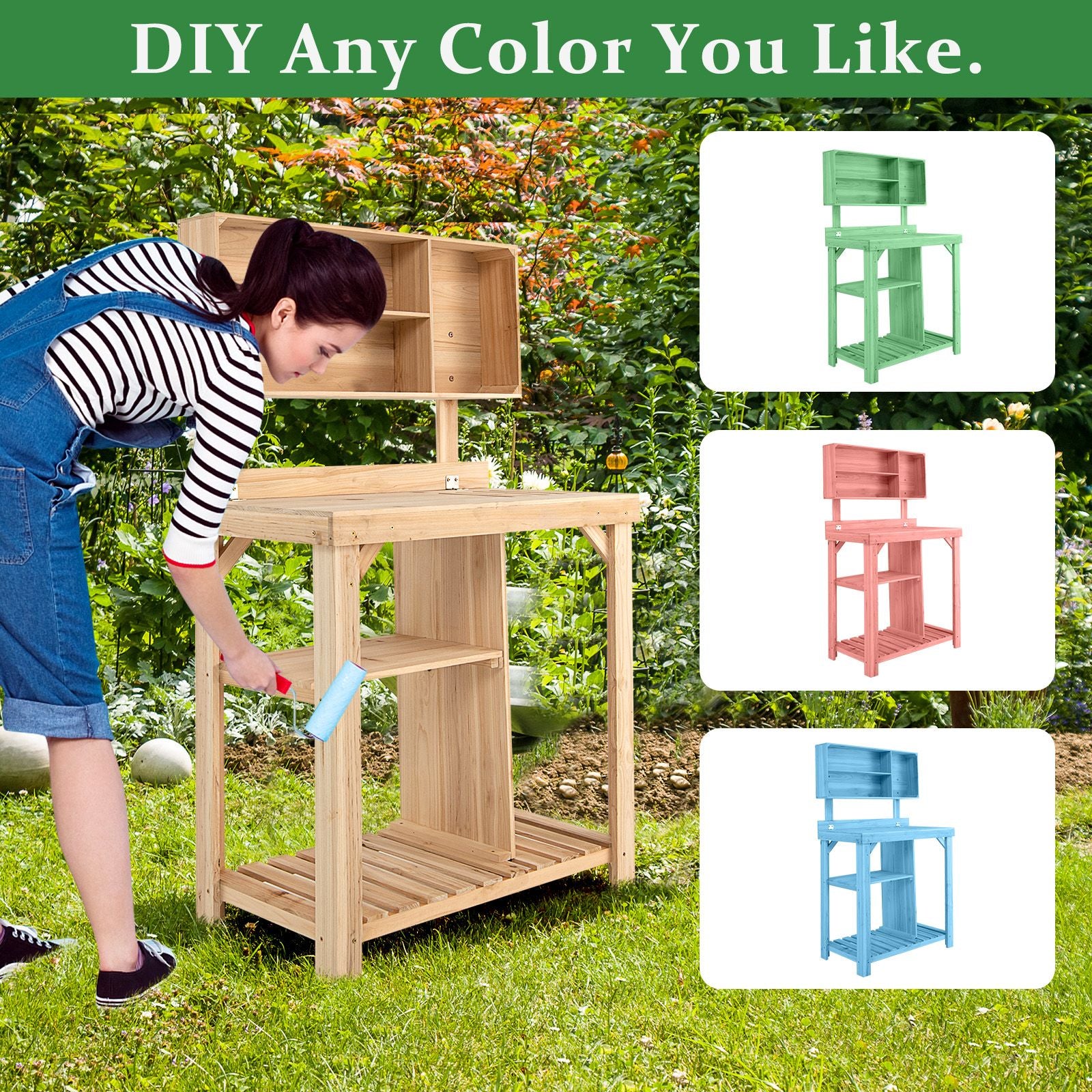 Garden Work Bench with Bottom Shelves and Top Compartments