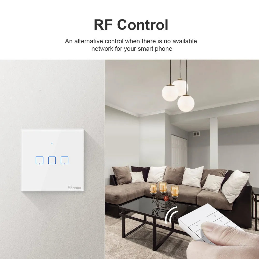 T1 Smart Wifi RF / APP / Touch Control Wall Light Switch 1 /2 /3 Gang 86 Type UK Panel Wall Touch Light Switch Smart Home