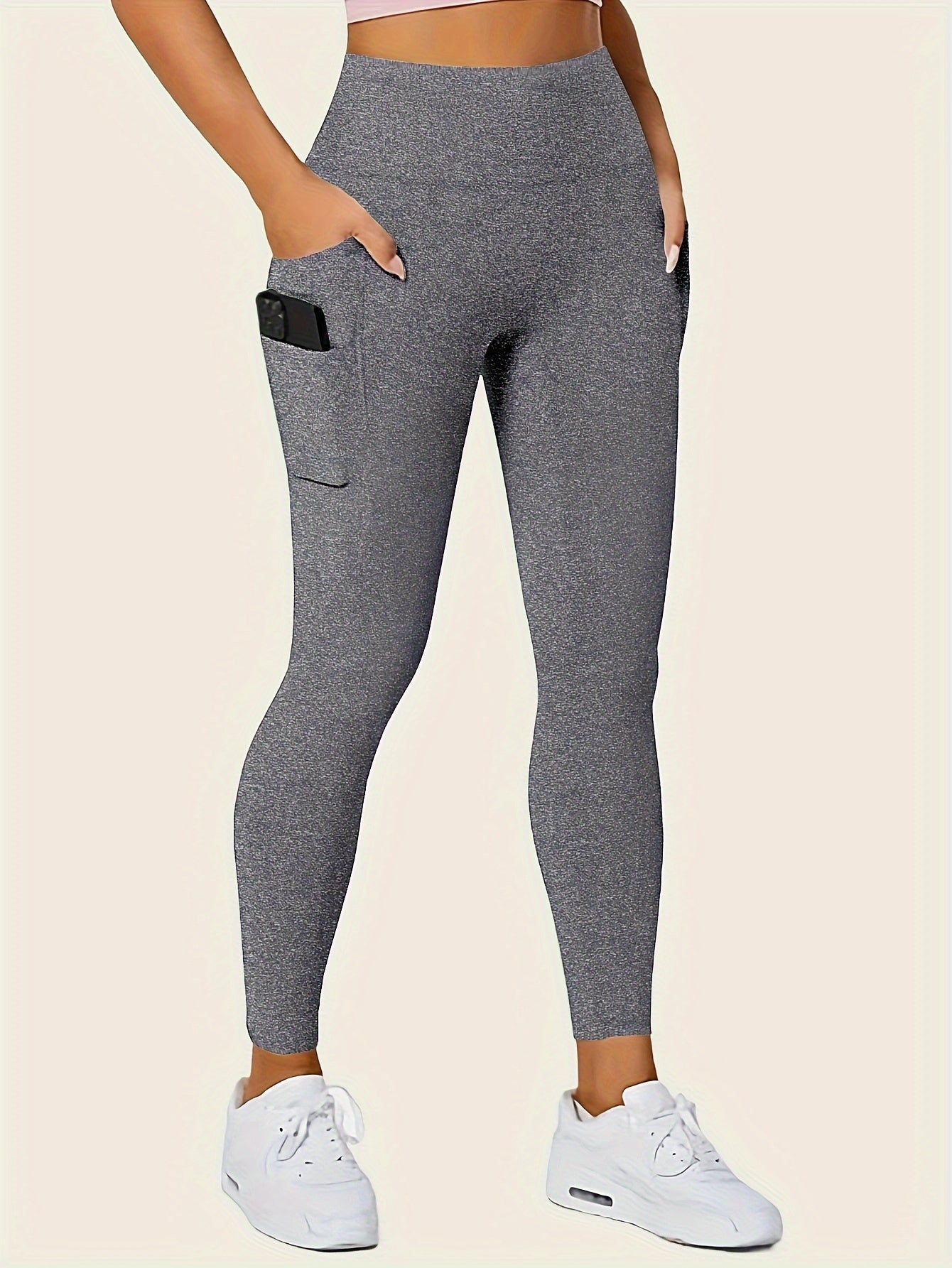 Womens Sporty Solid Seamless Leggings - High Waist Tummy Control, Slim Fit with Side Pockets - Ultra-Soft Loungewear for Comfortable, Stylish Athleisure