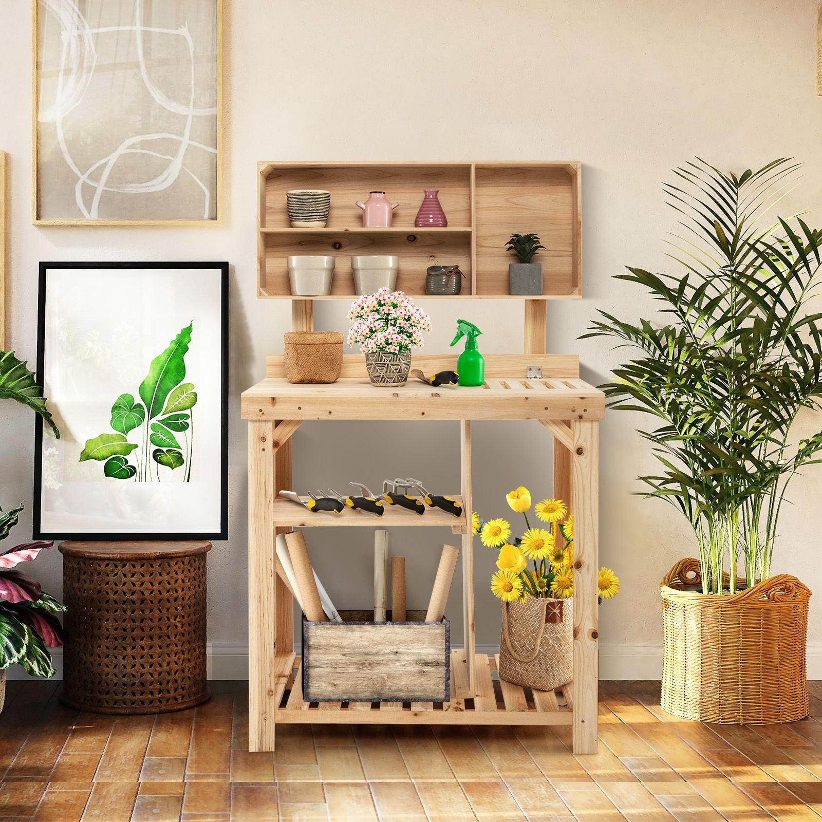 Garden Work Bench with Bottom Shelves and Top Compartments