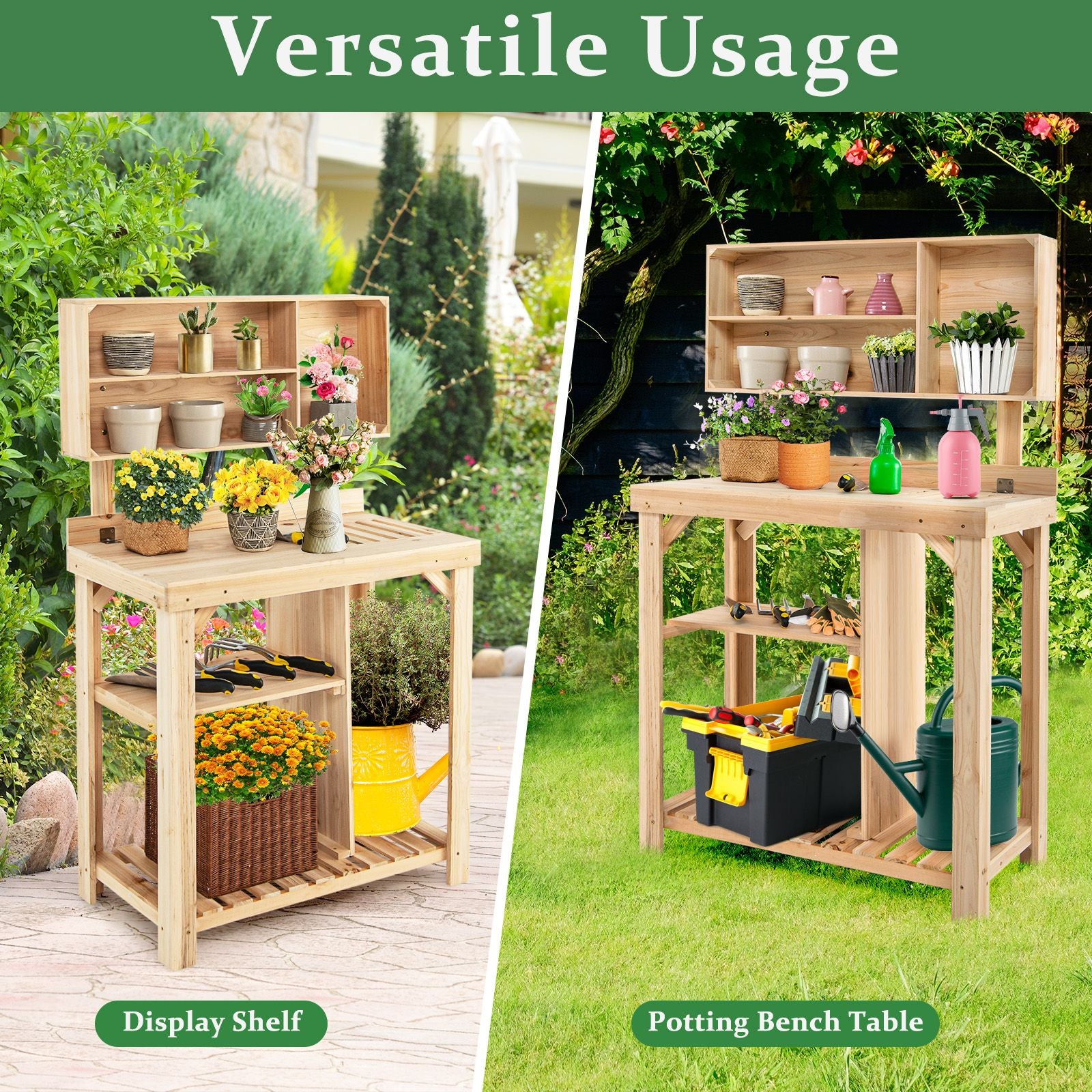 Garden Work Bench with Bottom Shelves and Top Compartments