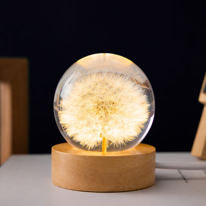 Luminous 3D Dandelion Crystal Ball Beech Wood Stand Base Preserved Flower Sphere Ball Desktop Ornaments Bithday Christmas Gifts