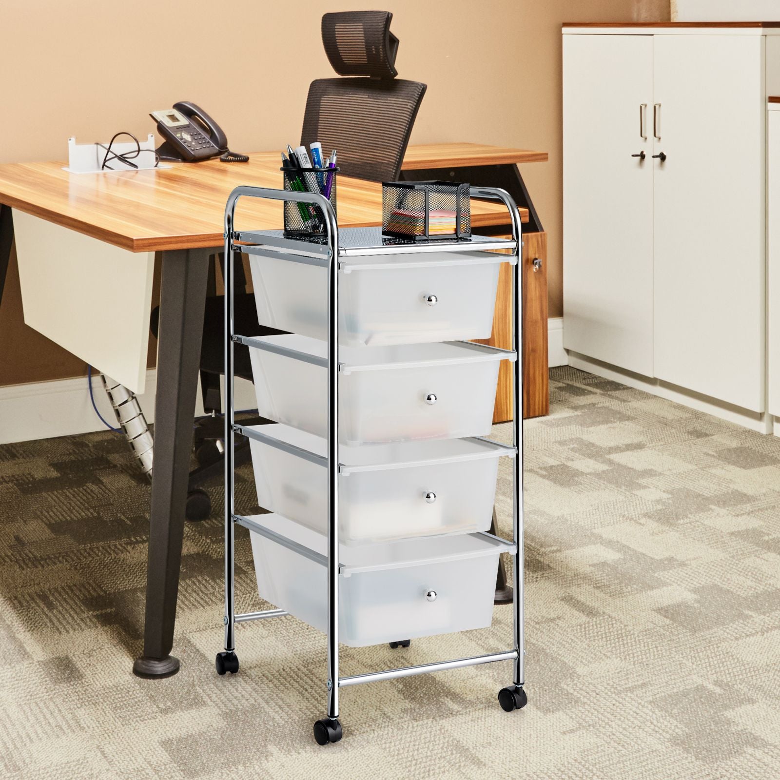 Mobile Storage Trolley on Wheels with 4 Removable Plastic Drawers