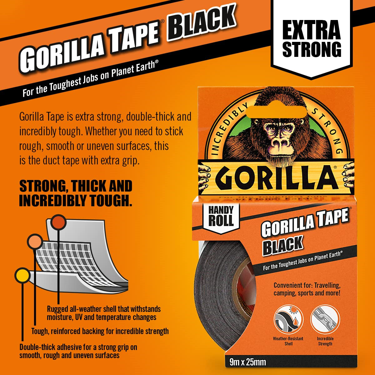 Gorilla Tape Handy Roll Black 9M