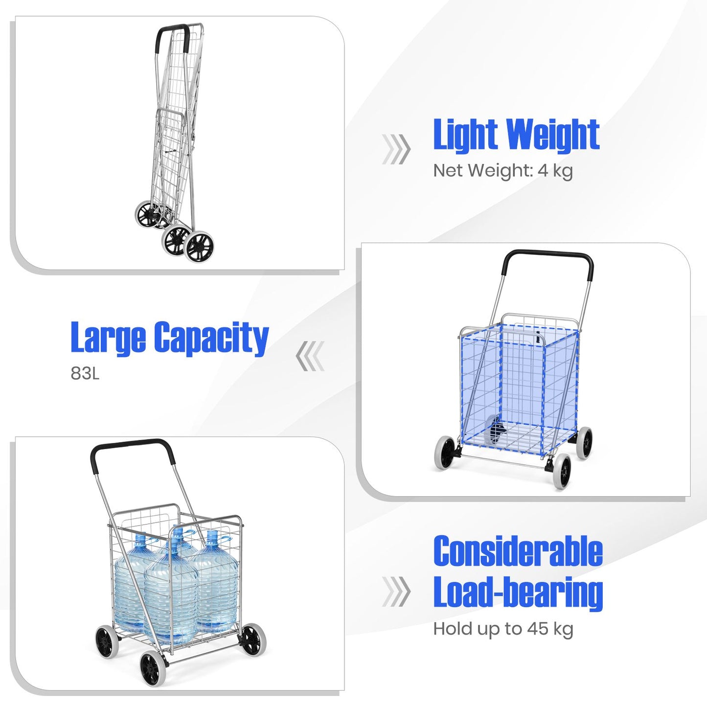 Heavy Duty Folding Shopping Cart with 83L Metal Basket