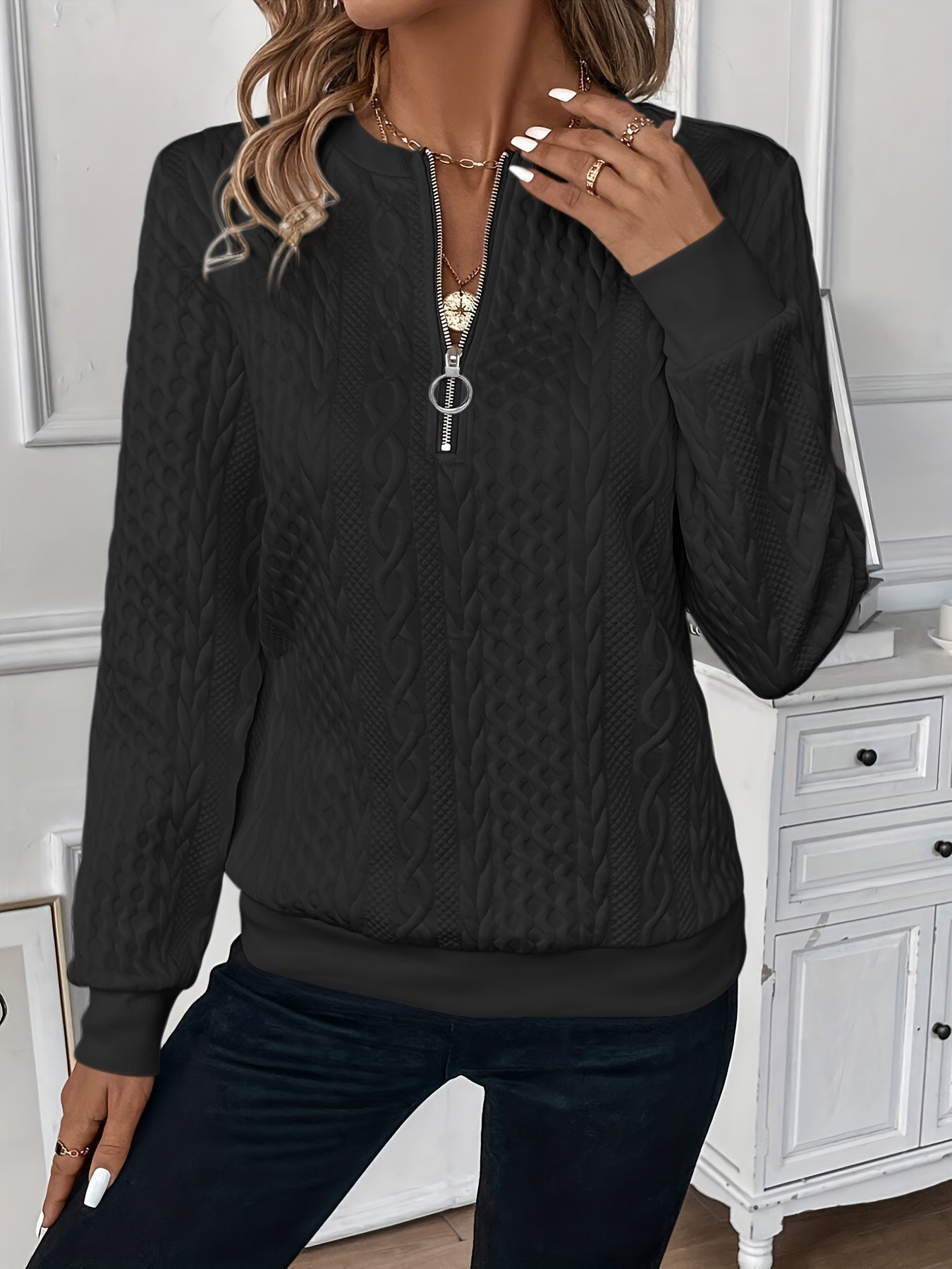 Womens Stylish Quarter Zip Textured Sweatshirt - Cozy Long Sleeve for Fall & Winter - Warm Casual Wear - Comfortable Fit