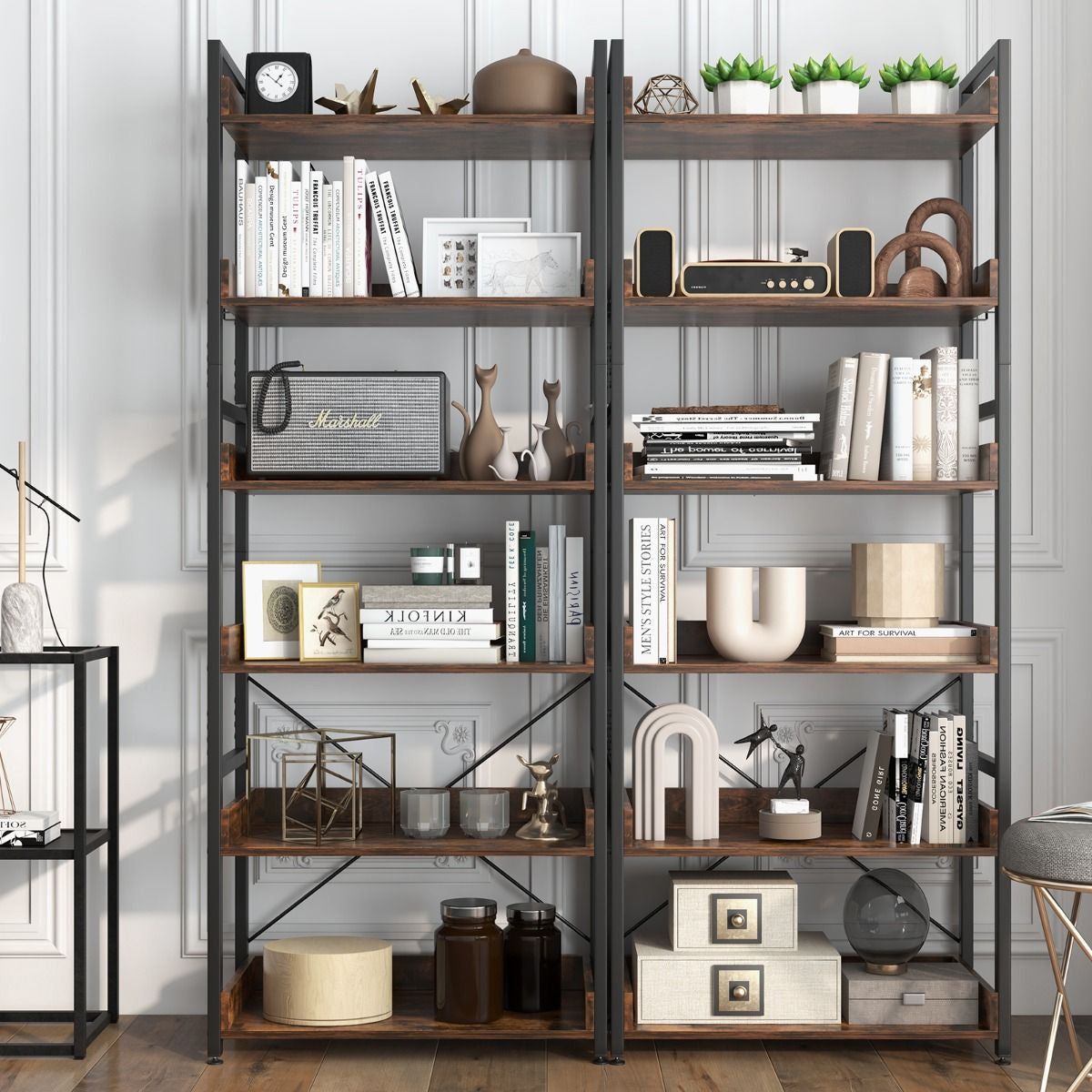 Tall 6-Tier Bookshelf with Open Shelves and 4 Hooks