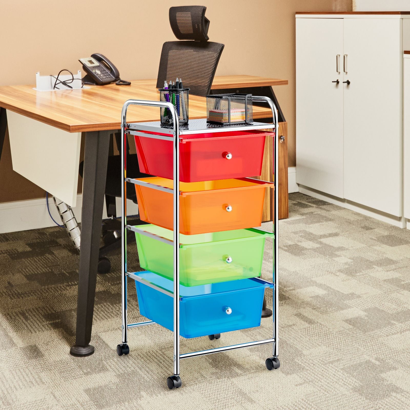 Mobile Storage Trolley on Wheels with 4 Removable Plastic Drawers