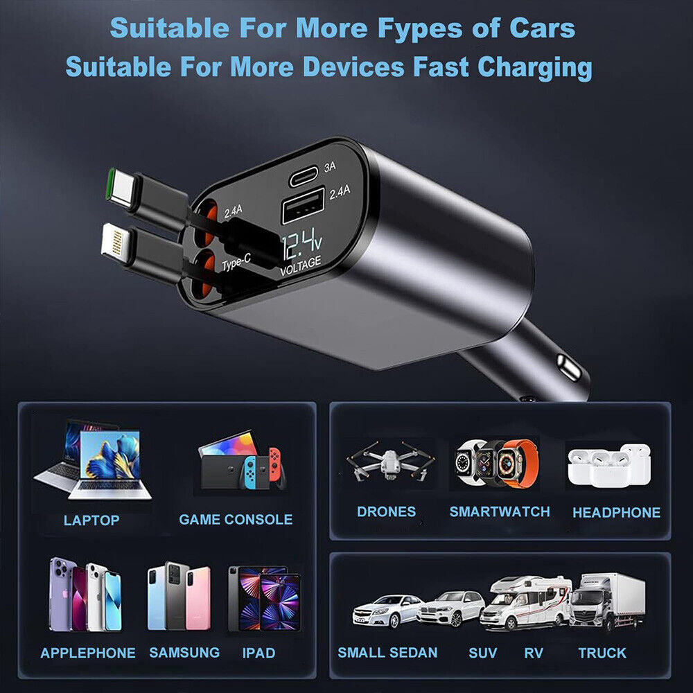 4IN1 120W Retractable Car Charger USB Type C Cable for Phone Fast Charge Adapter