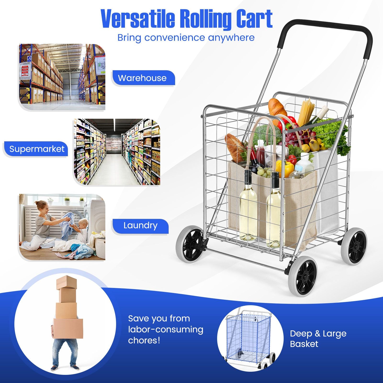 Heavy Duty Folding Shopping Cart with 83L Metal Basket