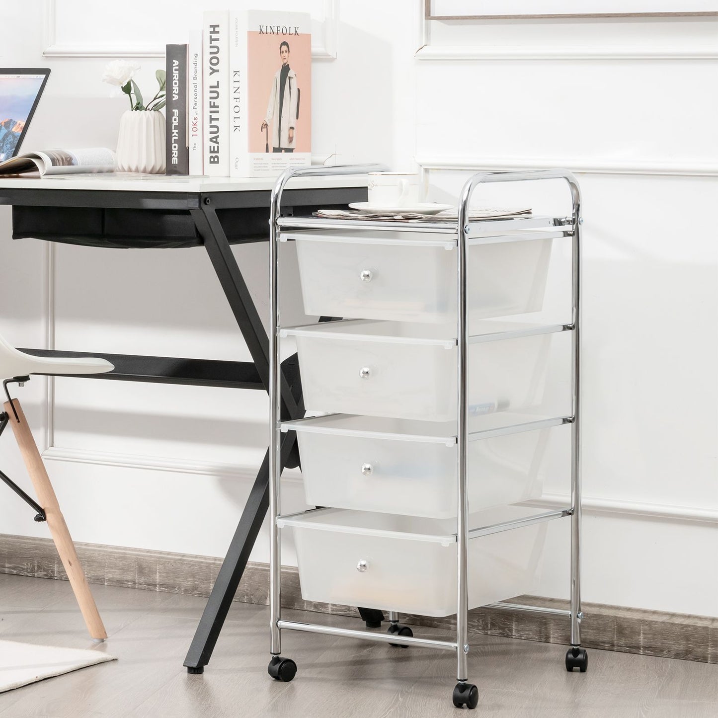 Mobile Storage Trolley on Wheels with 4 Removable Plastic Drawers