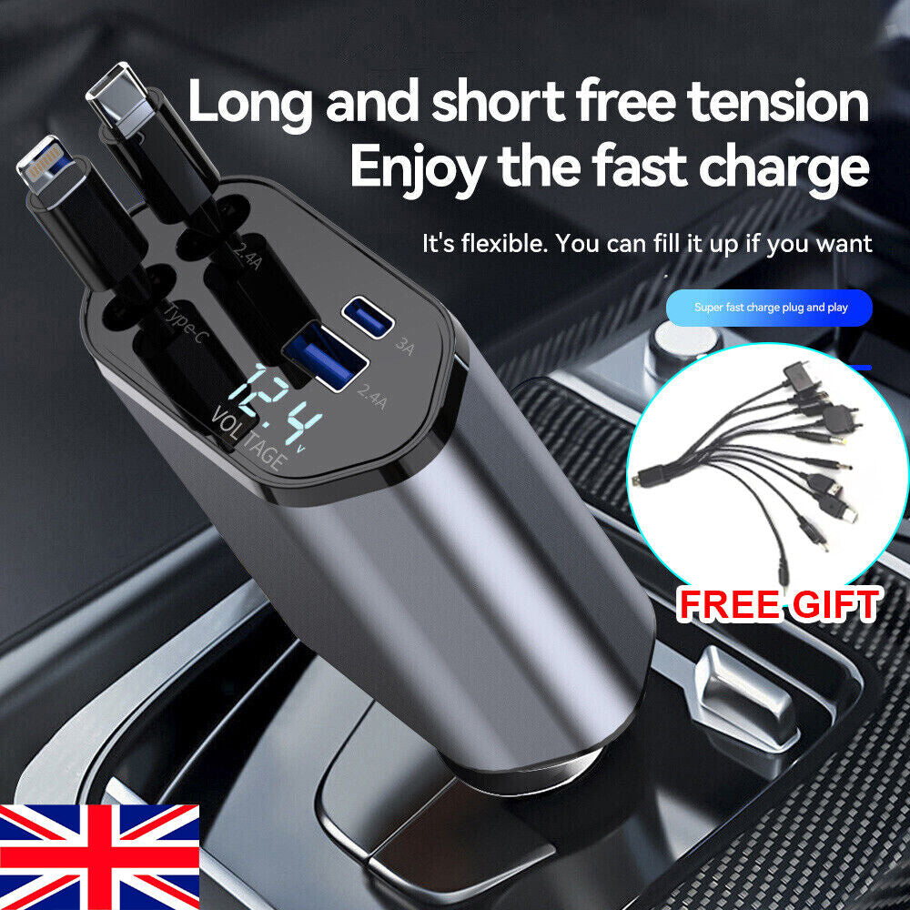 4IN1 120W Retractable Car Charger USB Type C Cable for Phone Fast Charge Adapter