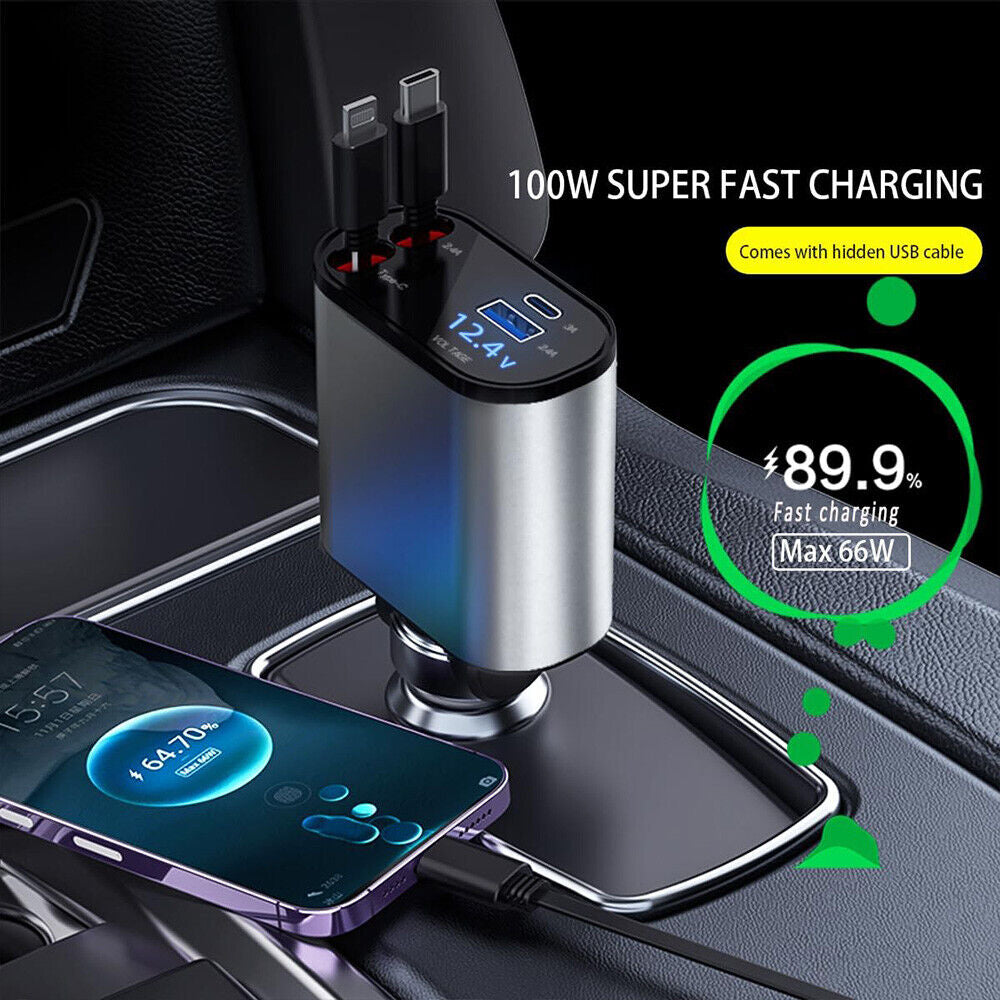 4IN1 120W Retractable Car Charger USB Type C Cable for Phone Fast Charge Adapter