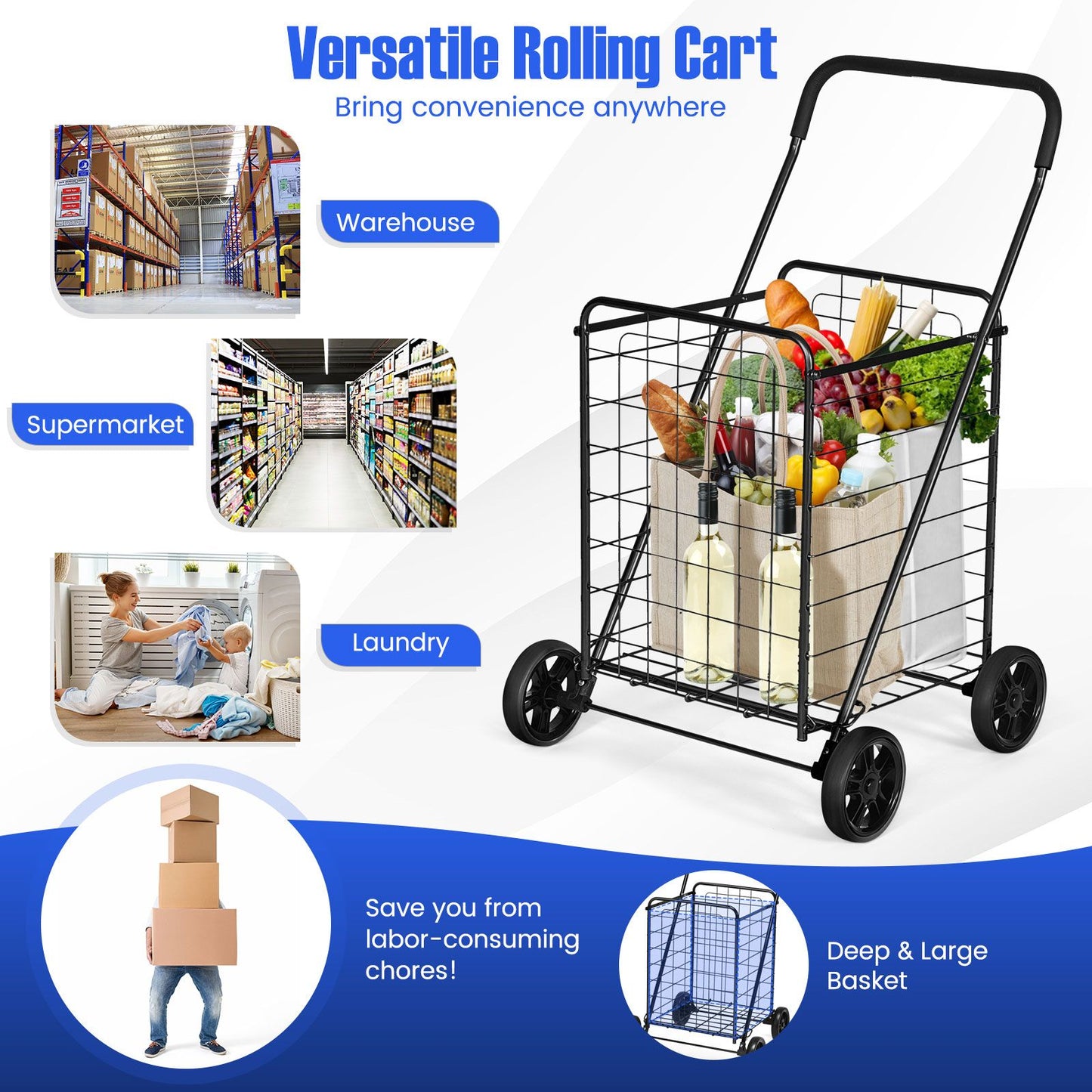 Heavy Duty Folding Shopping Cart with 83L Metal Basket