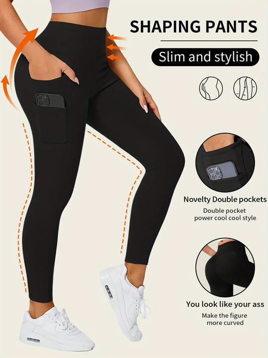 Womens Sporty Solid Seamless Leggings - High Waist Tummy Control, Slim Fit with Side Pockets - Ultra-Soft Loungewear for Comfortable, Stylish Athleisure