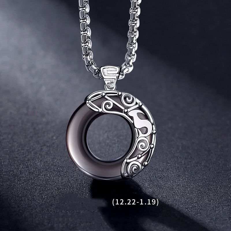 Zodiac Necklace Male Hip Hop Obsidian