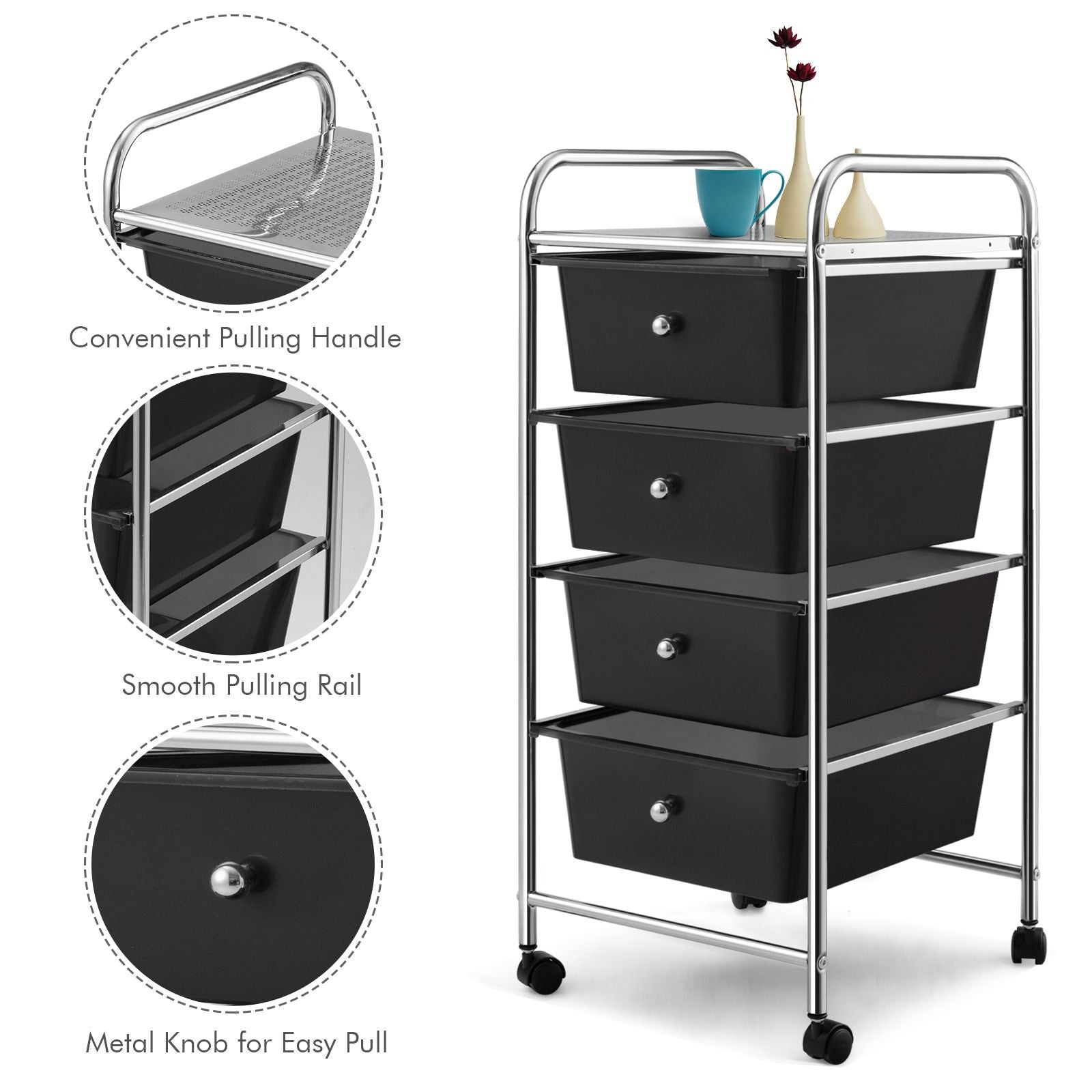 Mobile Storage Trolley on Wheels with 4 Removable Plastic Drawers