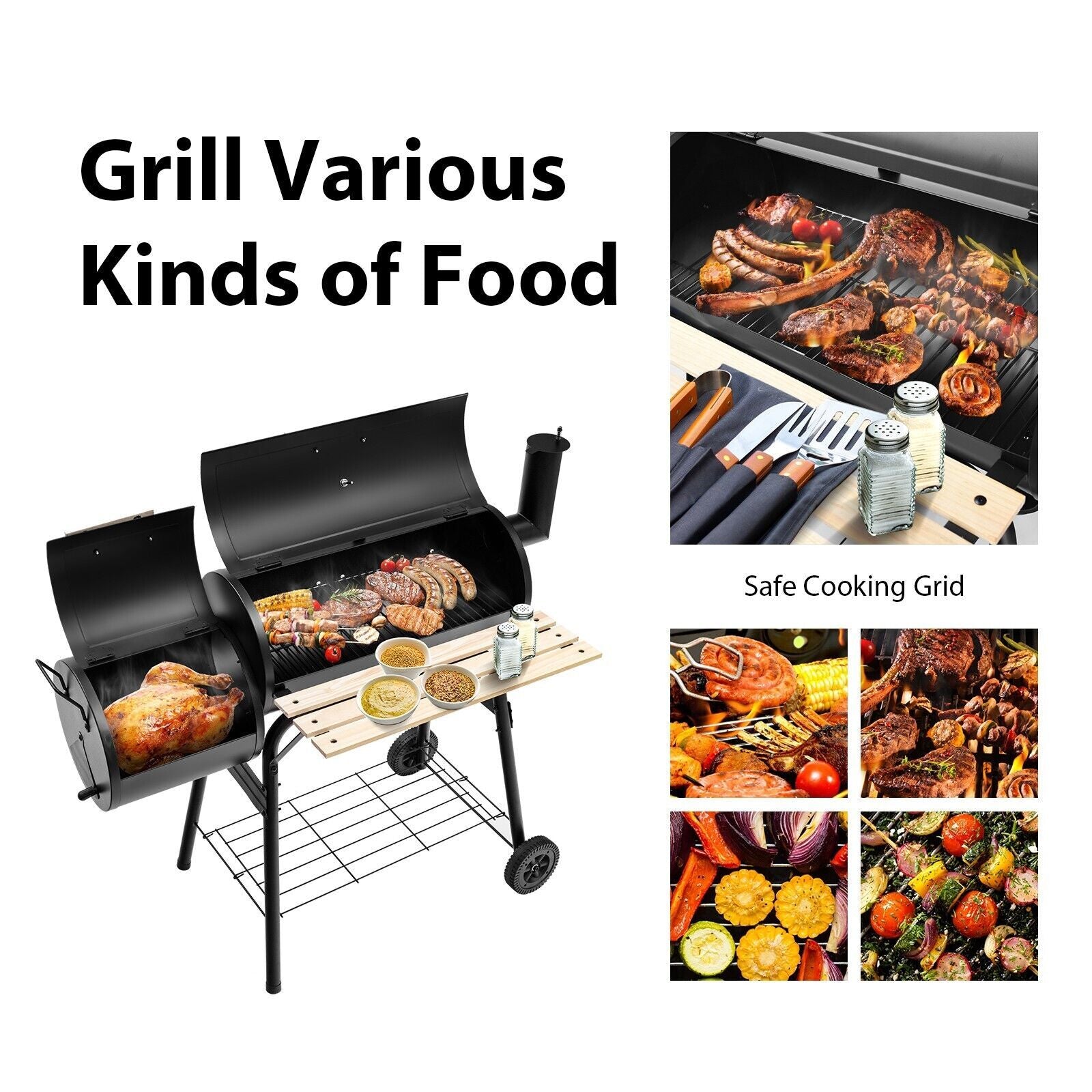 Charcoal BBQ Grill with Wheels and Shelves for Camping Picnic Party