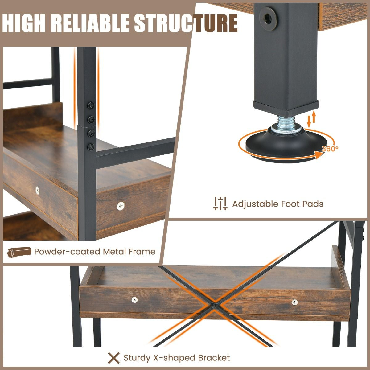 Tall 6-Tier Bookshelf with Open Shelves and 4 Hooks