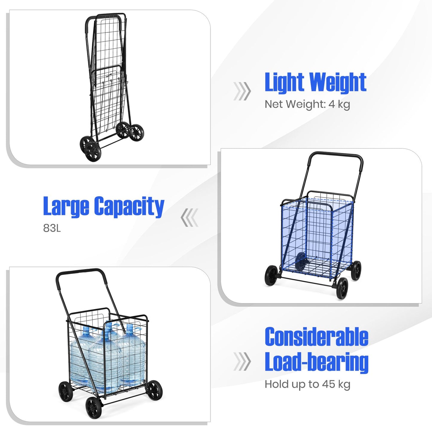 Heavy Duty Folding Shopping Cart with 83L Metal Basket