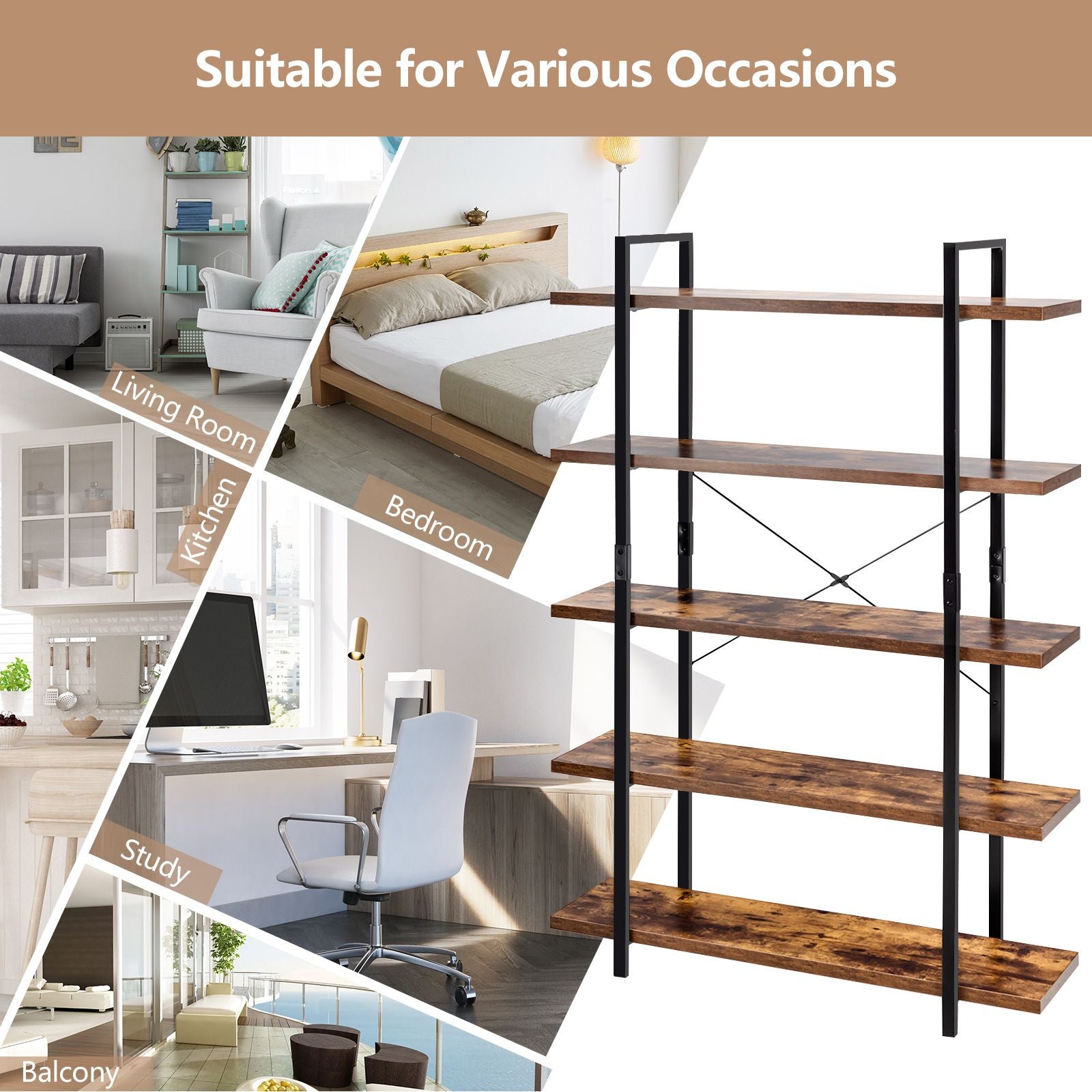 5-Tier Industrial Bookshelf with Anti-Toppling Device