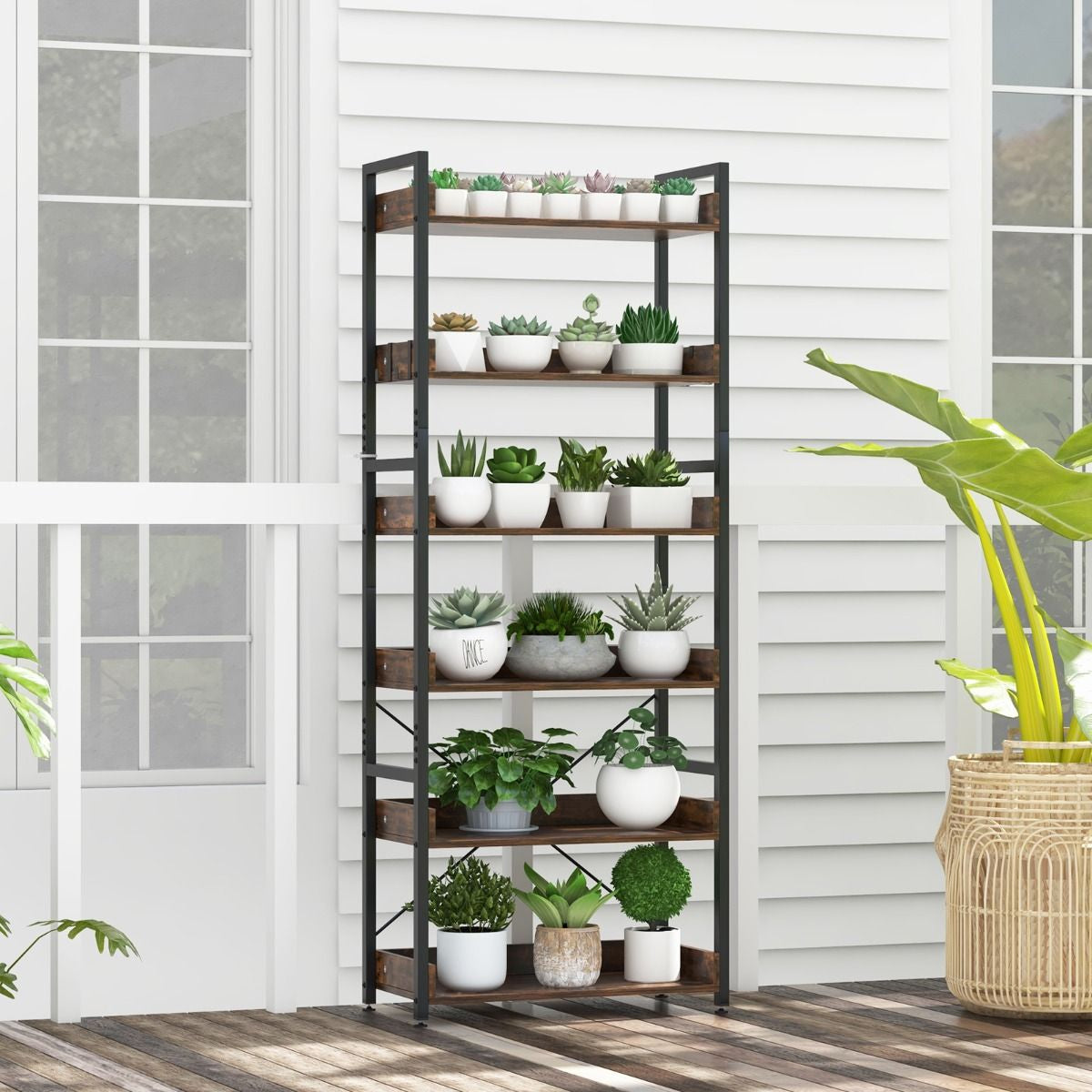 Tall 6-Tier Bookshelf with Open Shelves and 4 Hooks