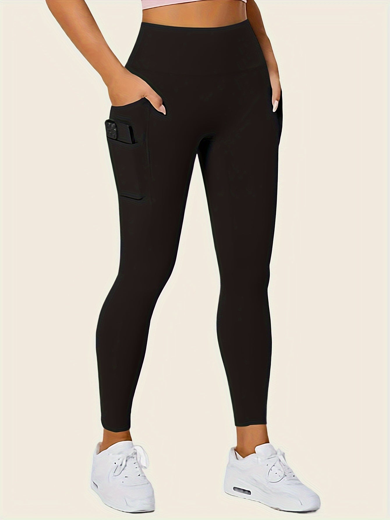 Womens Sporty Solid Seamless Leggings - High Waist Tummy Control, Slim Fit with Side Pockets - Ultra-Soft Loungewear for Comfortable, Stylish Athleisure