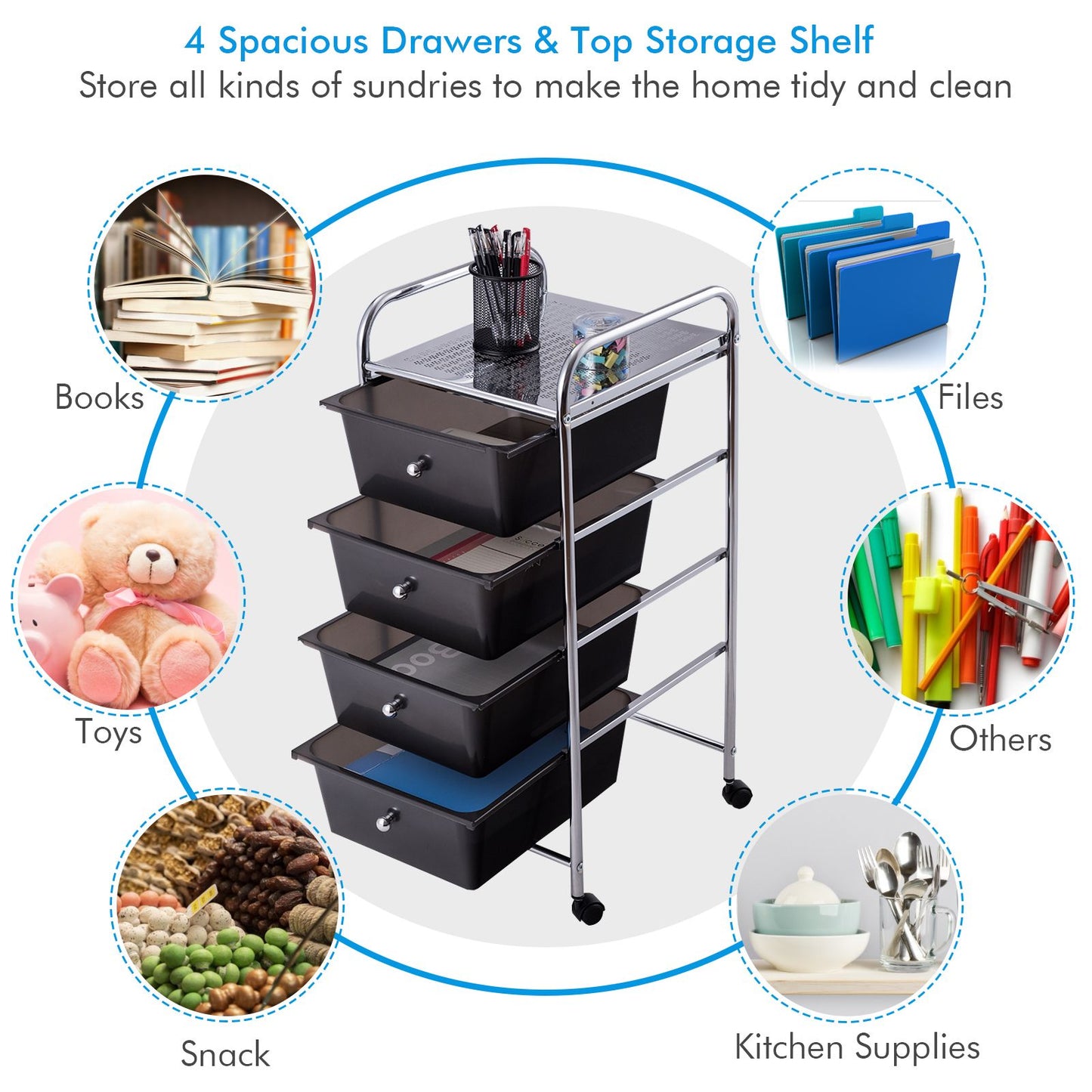 Mobile Storage Trolley on Wheels with 4 Removable Plastic Drawers