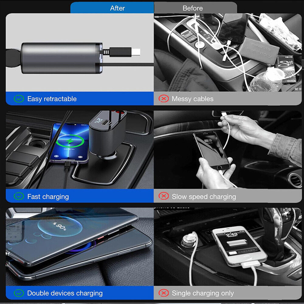 4IN1 120W Retractable Car Charger USB Type C Cable for Phone Fast Charge Adapter