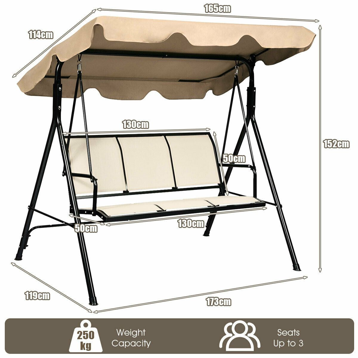 3 Seater Garden Swing Chair with Adjustable Canopy