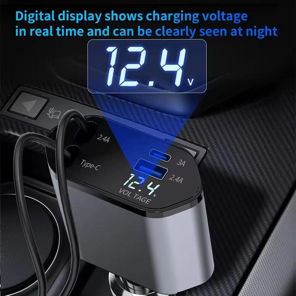 4IN1 120W Retractable Car Charger USB Type C Cable for Phone Fast Charge Adapter