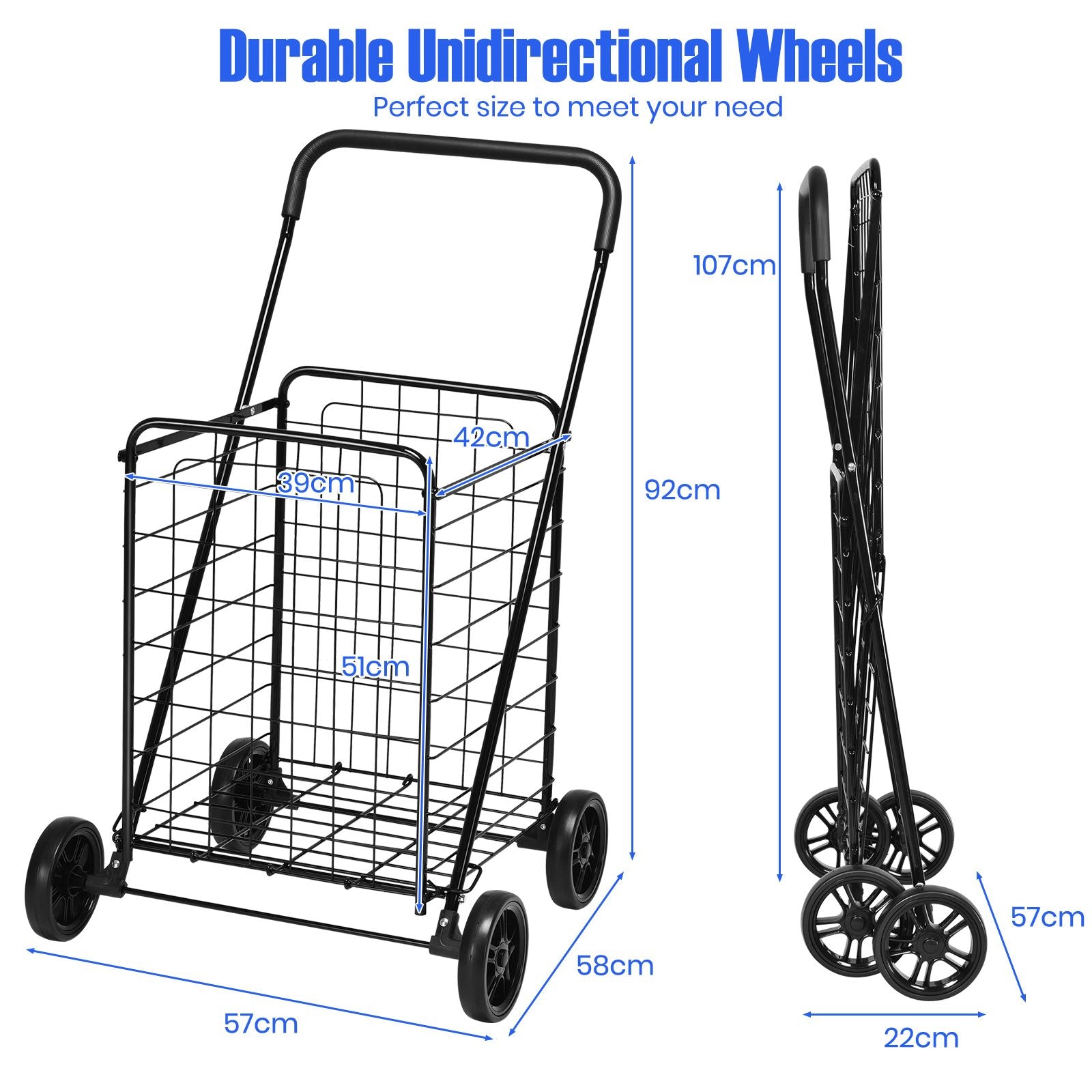 Heavy Duty Folding Shopping Cart with 83L Metal Basket