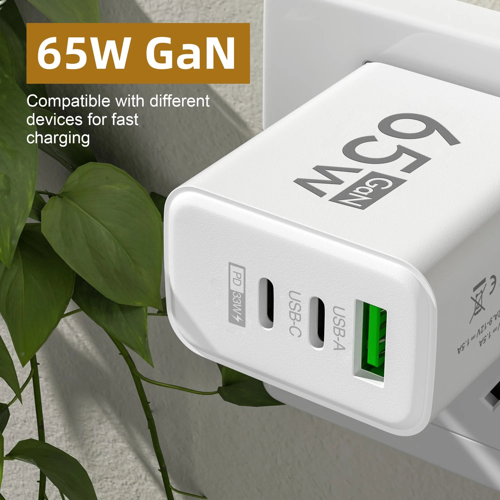 65W GaN USB C 充电器快速充电器 QC3.0 Type C PD 手机快速充电适配器适用于 iPhone 三星小米壁式充电器