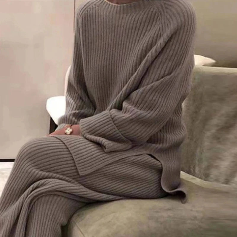 2025 Knitted Sweater Suit for Women | Elegant O-Neck Dress & Wide Leg Pants Set