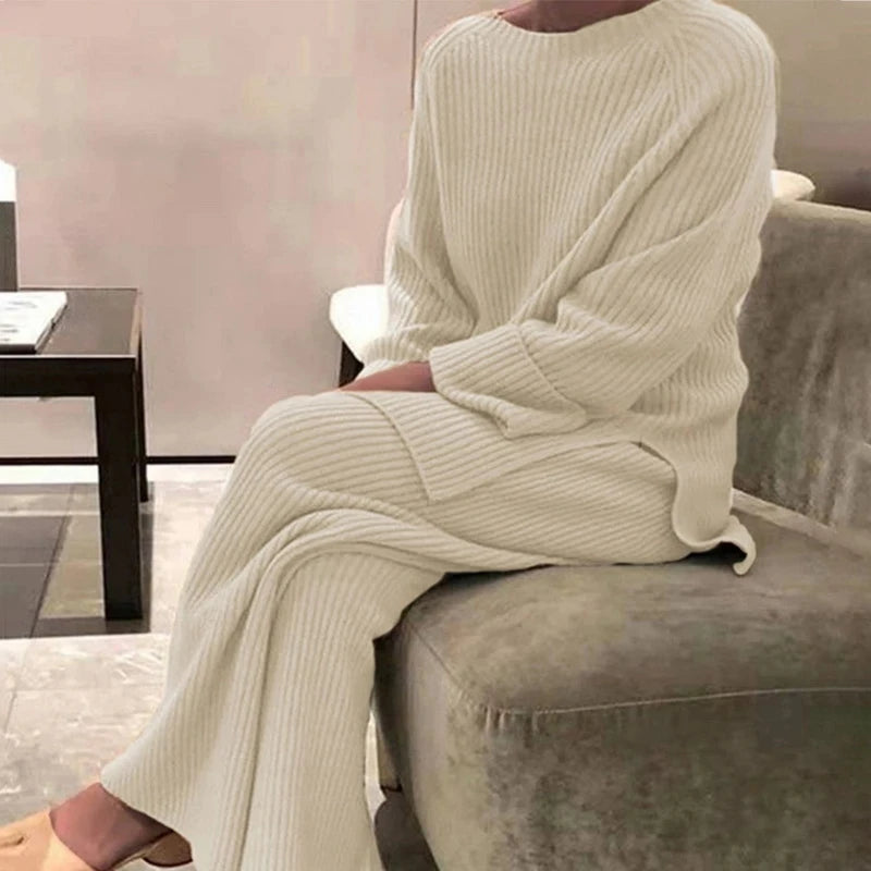 2025 Knitted Sweater Suit for Women | Elegant O-Neck Dress & Wide Leg Pants Set