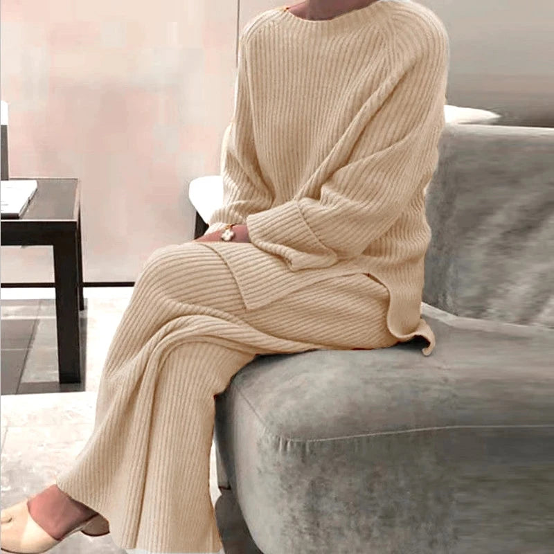 2025 Knitted Sweater Suit for Women | Elegant O-Neck Dress & Wide Leg Pants Set