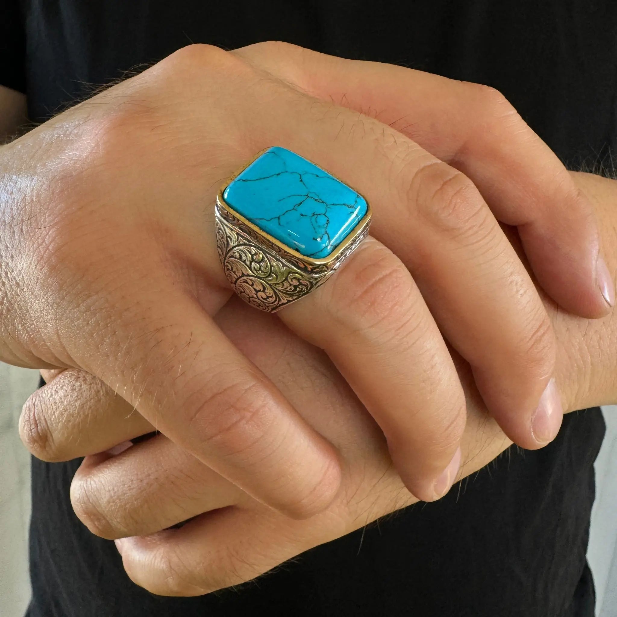 Turquoise Stone Ring 925 Sterling Silver Turquoise Turkish Biker Ring Ideal Gift for Dad Boyfriend