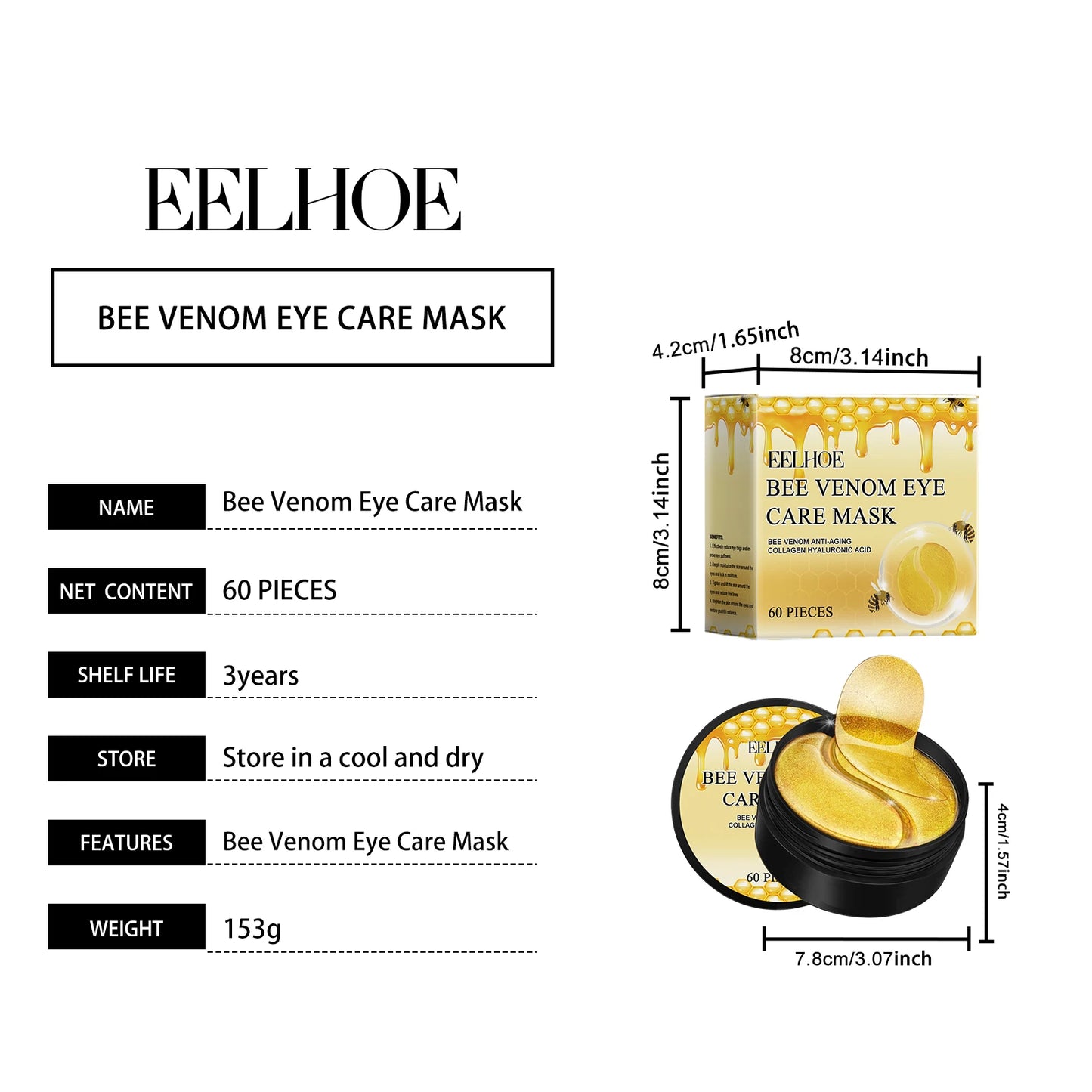 EELHOE Bee Venom Eye Patches Anti Dark Circles Puffiness Removal Eye Bag Moisturizing Firming Smooth Eye Mask Skin Care Products